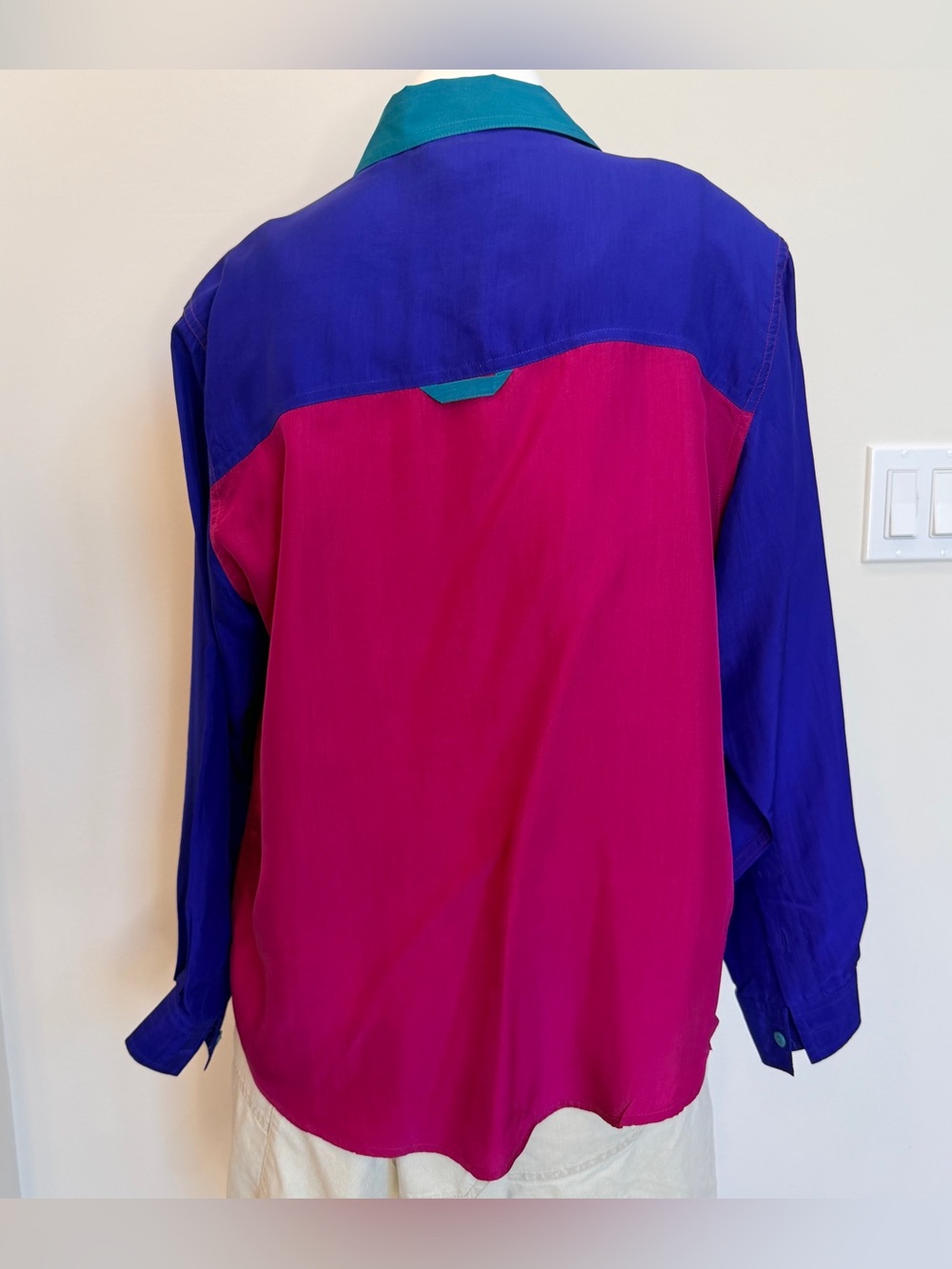 Vintage Silk Petite Sophisticate Color Block Blouse Medium Pink Teal Purple Y2K - Picture 2 of 13